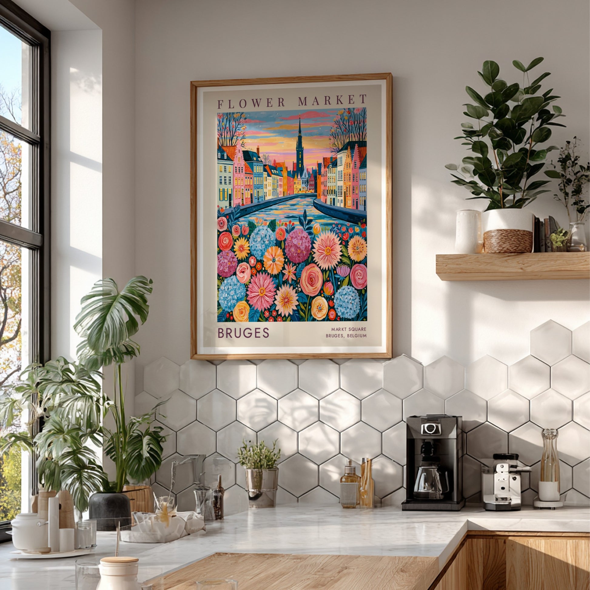 Vibrant flower market poster featuring Bruges cityscape with colorful flowers and buildings