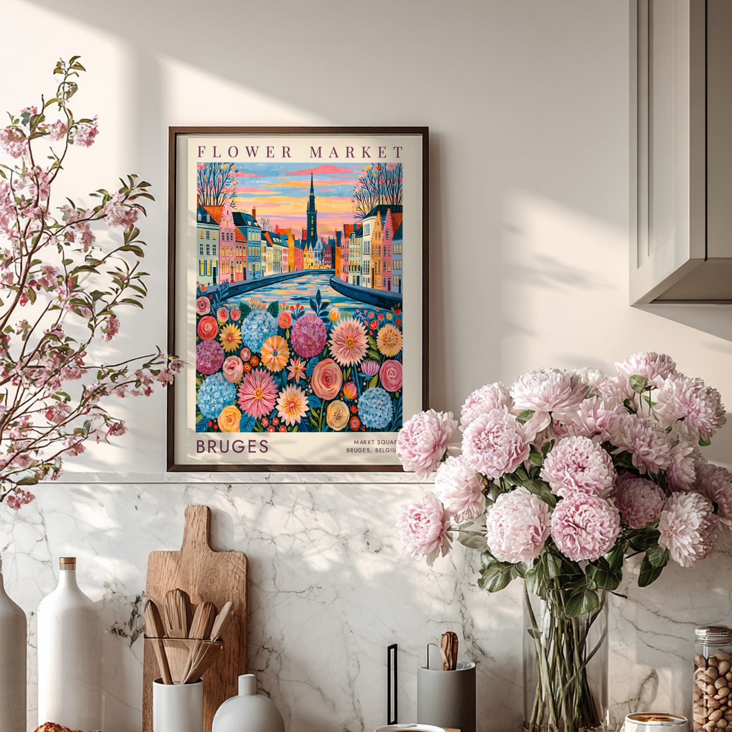 Vibrant flower market poster featuring Bruges cityscape with colorful flowers and buildings