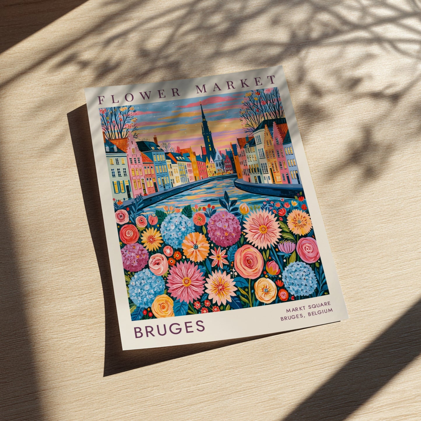 Vibrant flower market poster featuring Bruges cityscape with colorful flowers and buildings