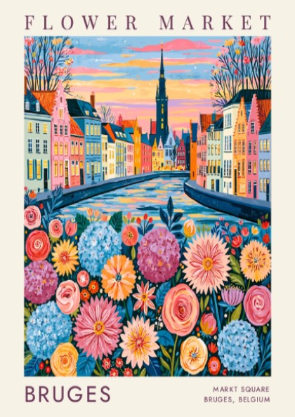 Vibrant flower market poster featuring Bruges cityscape with colorful flowers and buildings