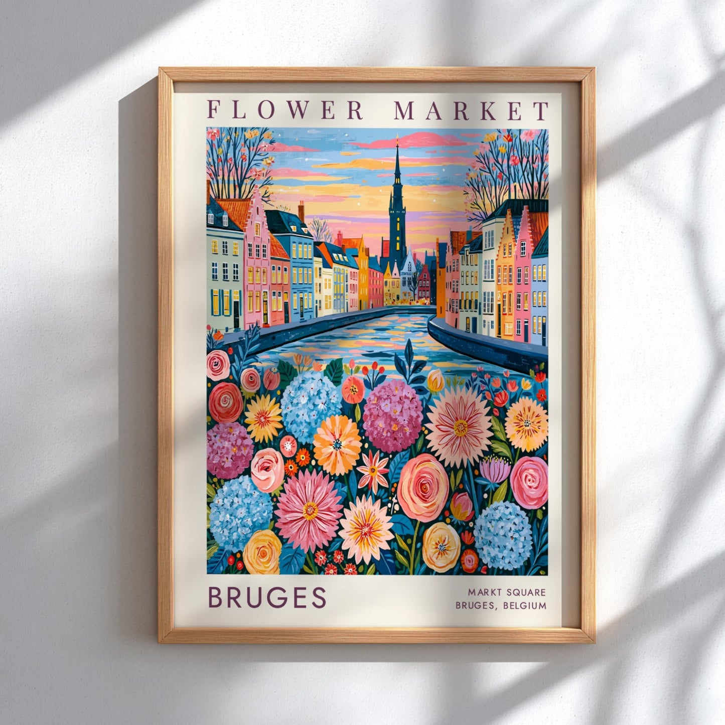 Vibrant flower market poster featuring Bruges cityscape with colorful flowers and buildings