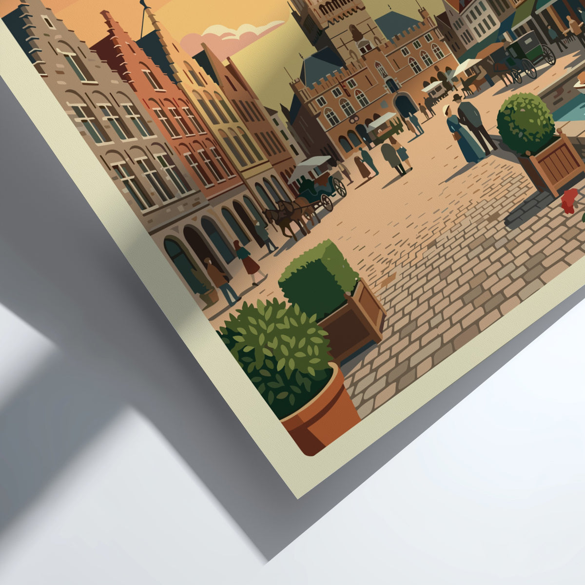 Bruges Belgium travel poster featuring the historic belfry tower and cobblestone square scenery.