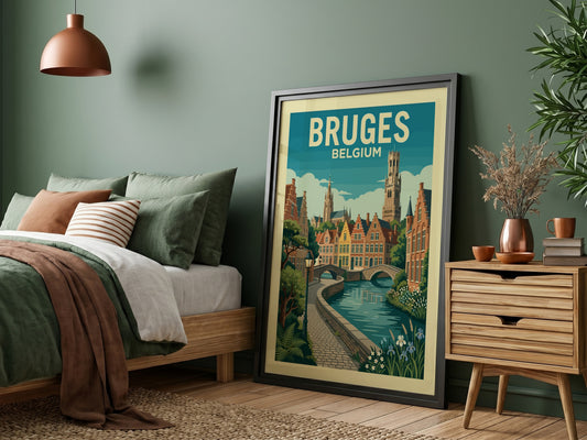 Bruges canal travel poster with Flemish architecture and arched bridges, in a vintage illustration style.