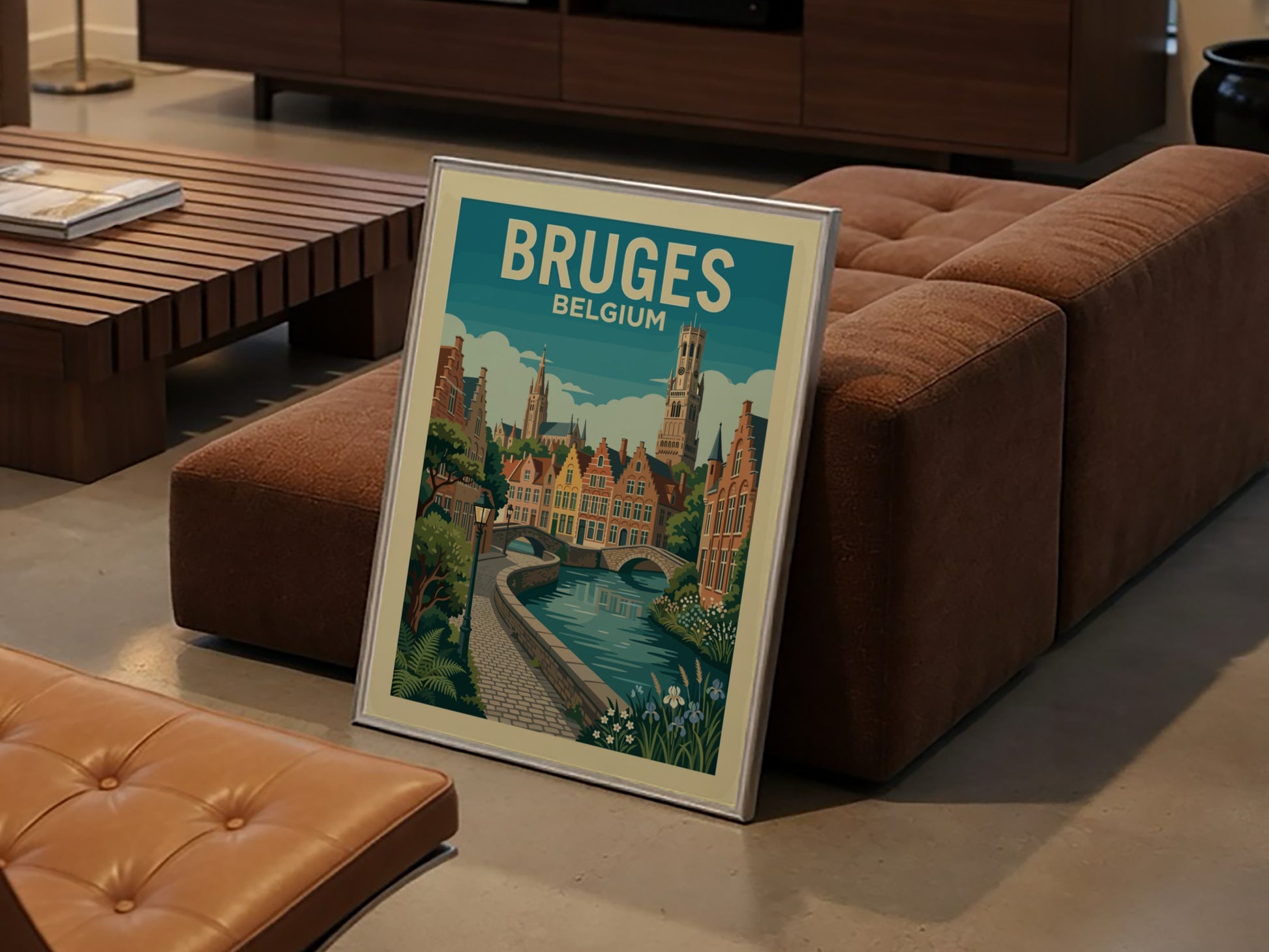 Bruges canal travel poster with Flemish architecture and arched bridges, in a vintage illustration style.