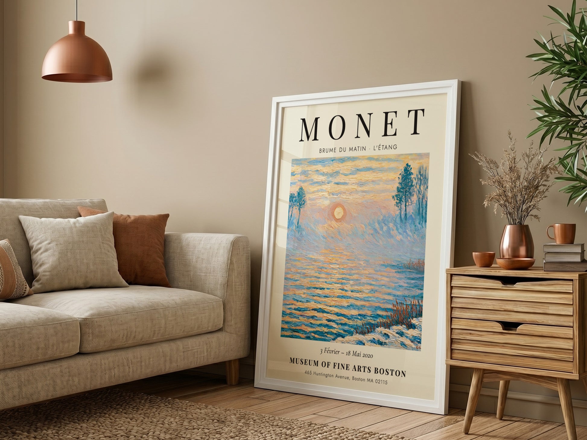Monet inspired poster featuring a tranquil morning scene with soft blue and gold hues, perfect for home decor.