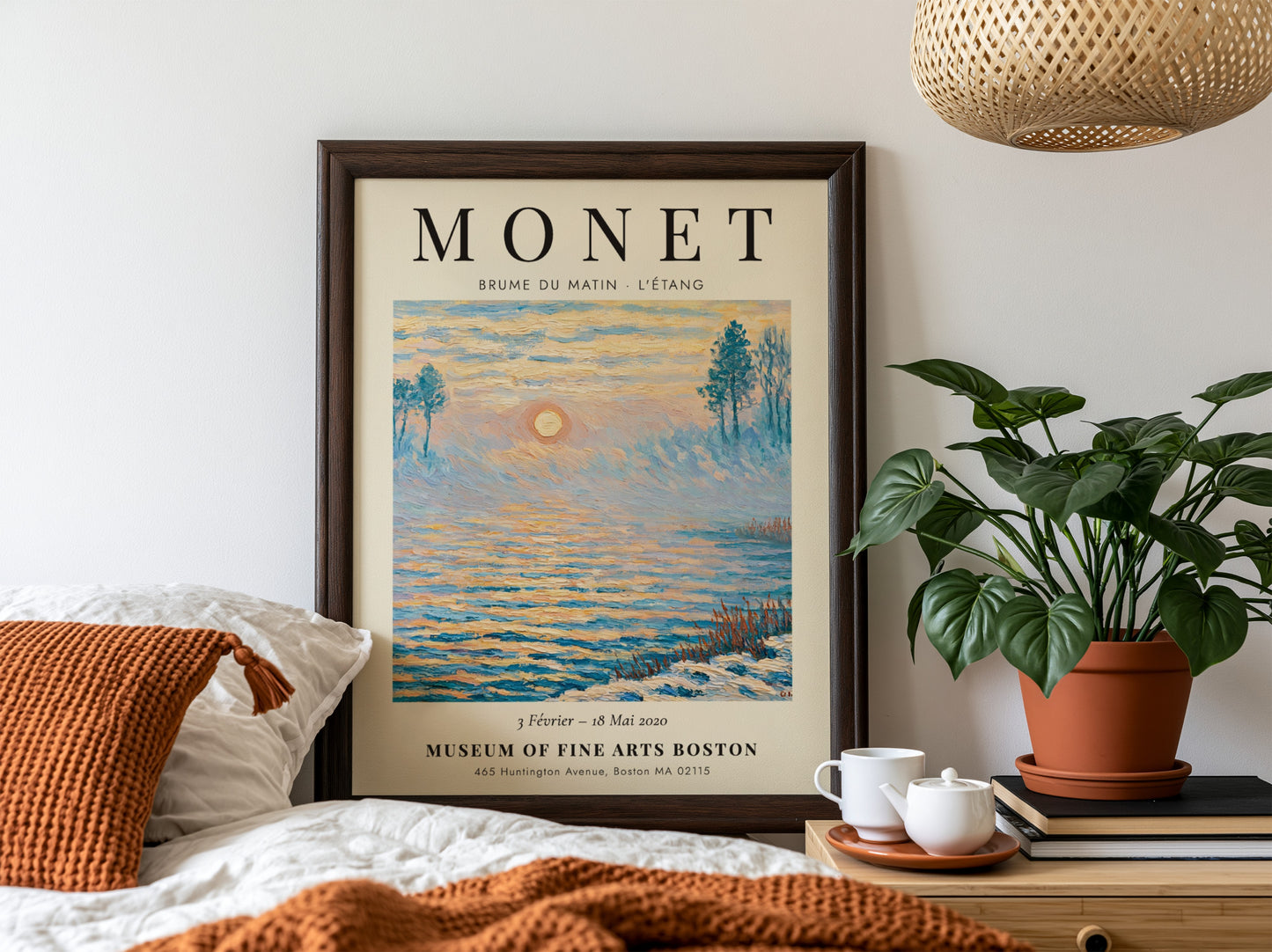 Monet inspired poster featuring a tranquil morning scene with soft blue and gold hues, perfect for home decor.