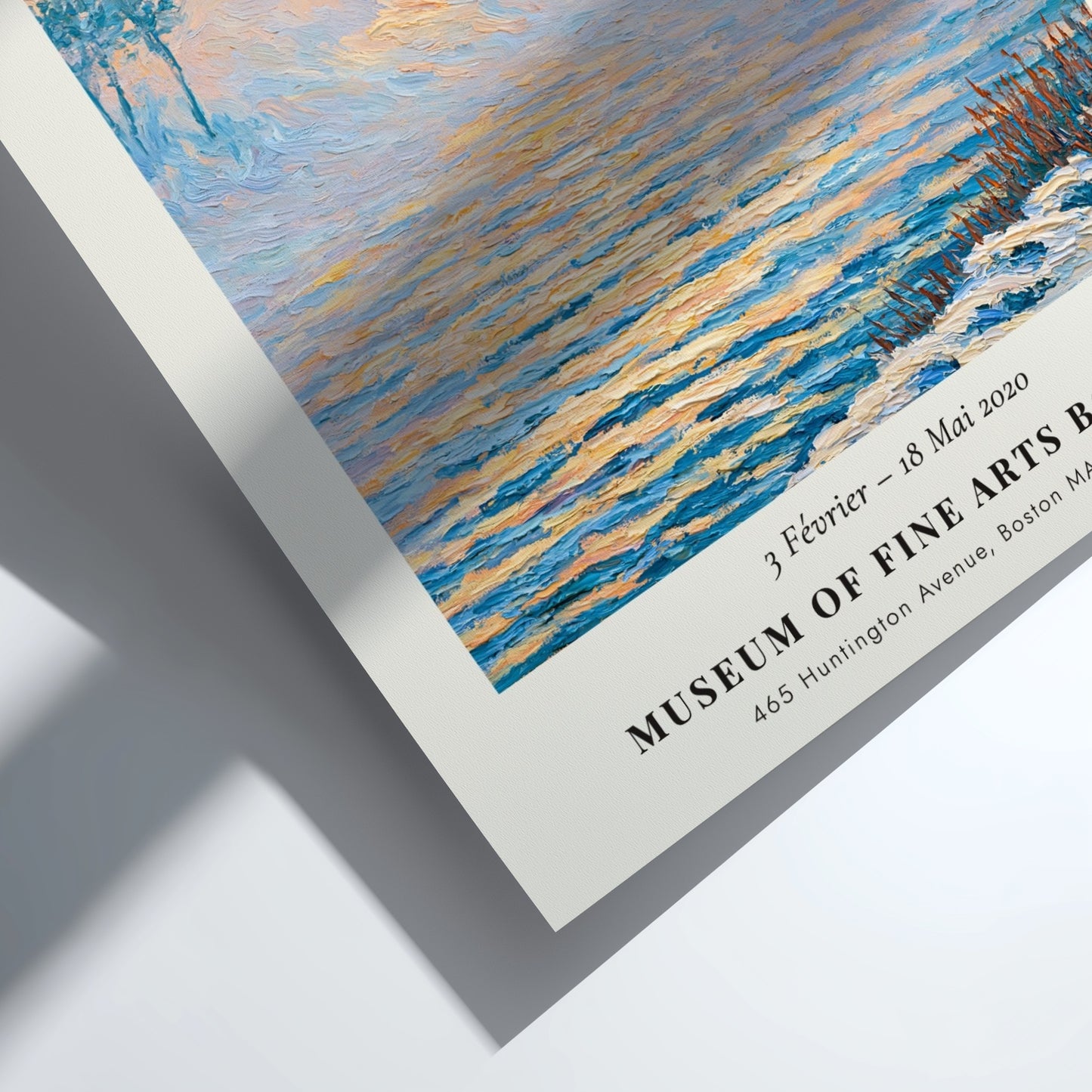 Monet inspired poster featuring a tranquil morning scene with soft blue and gold hues, perfect for home decor.