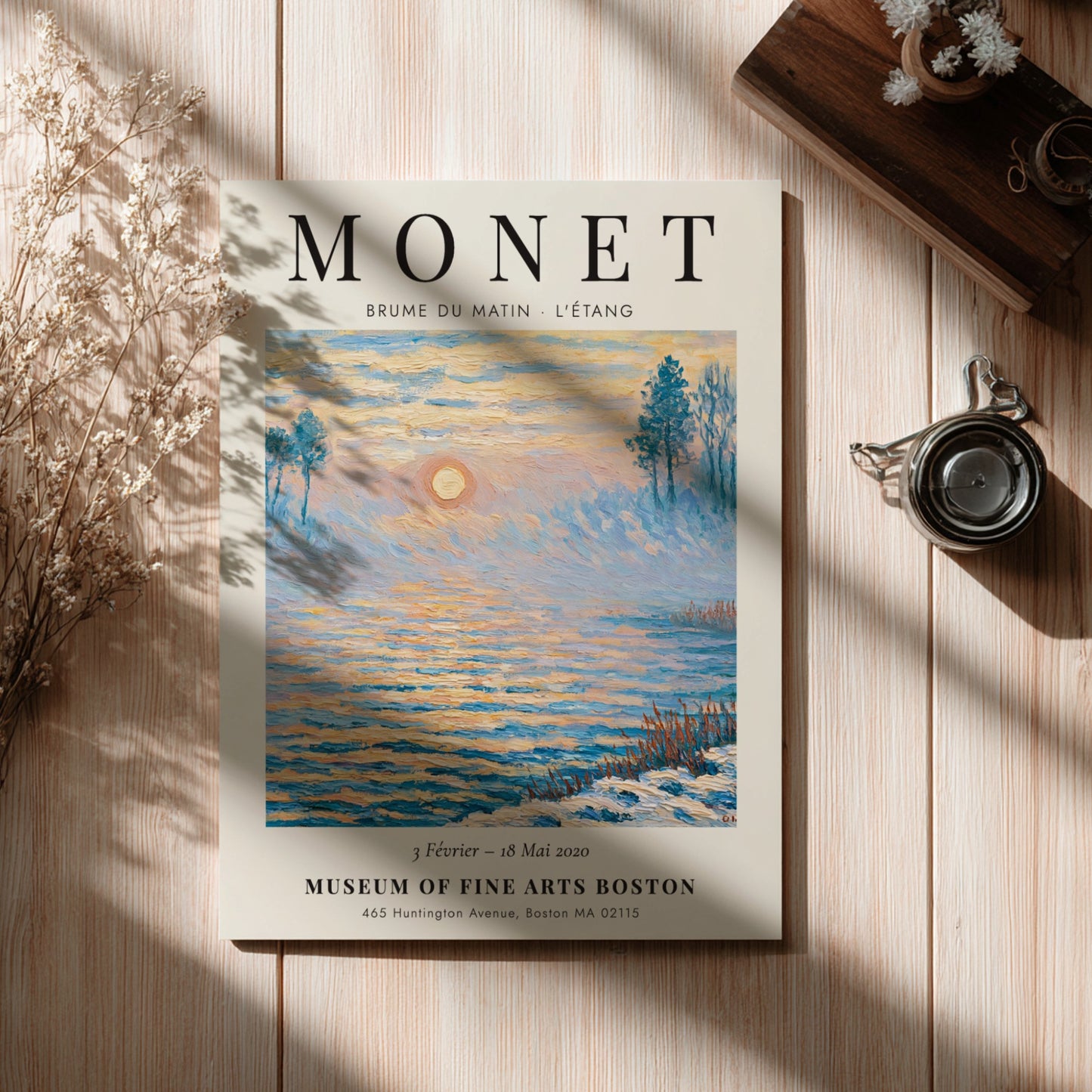 Monet inspired poster featuring a tranquil morning scene with soft blue and gold hues, perfect for home decor.