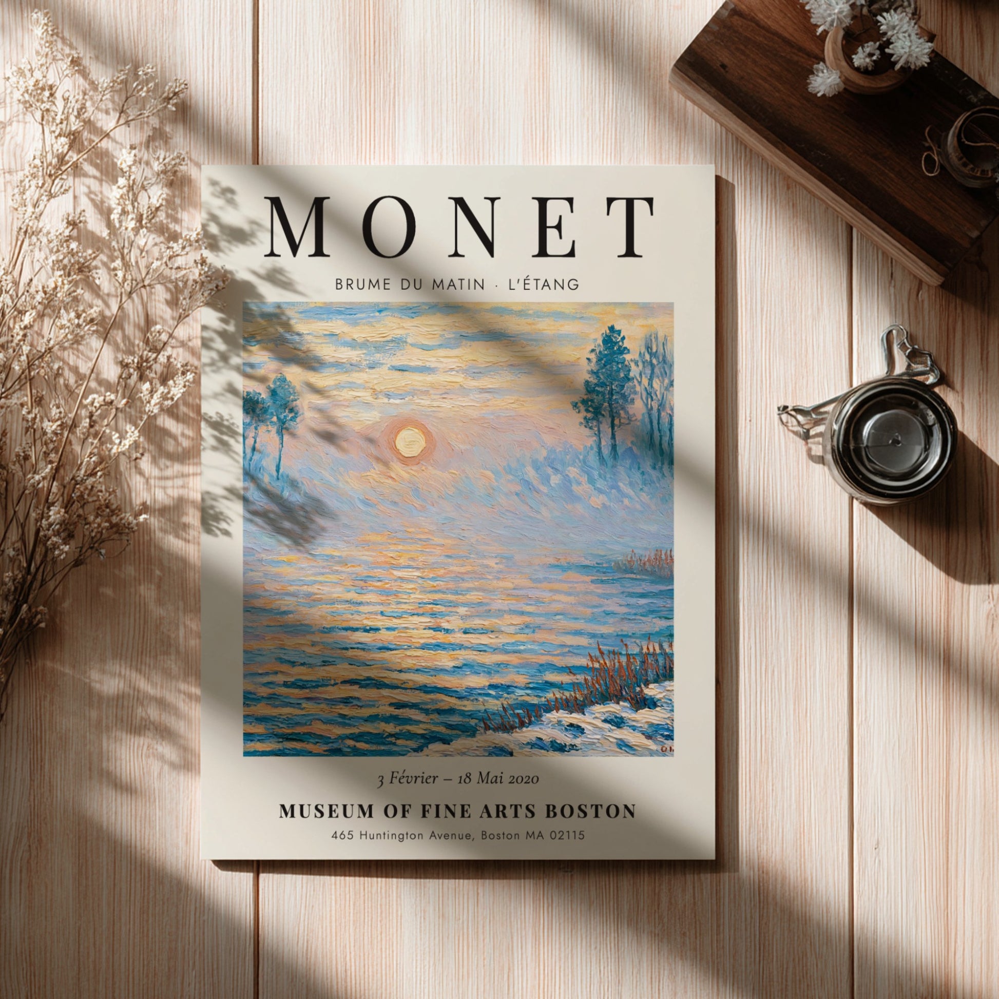 Monet inspired poster featuring a tranquil morning scene with soft blue and gold hues, perfect for home decor.