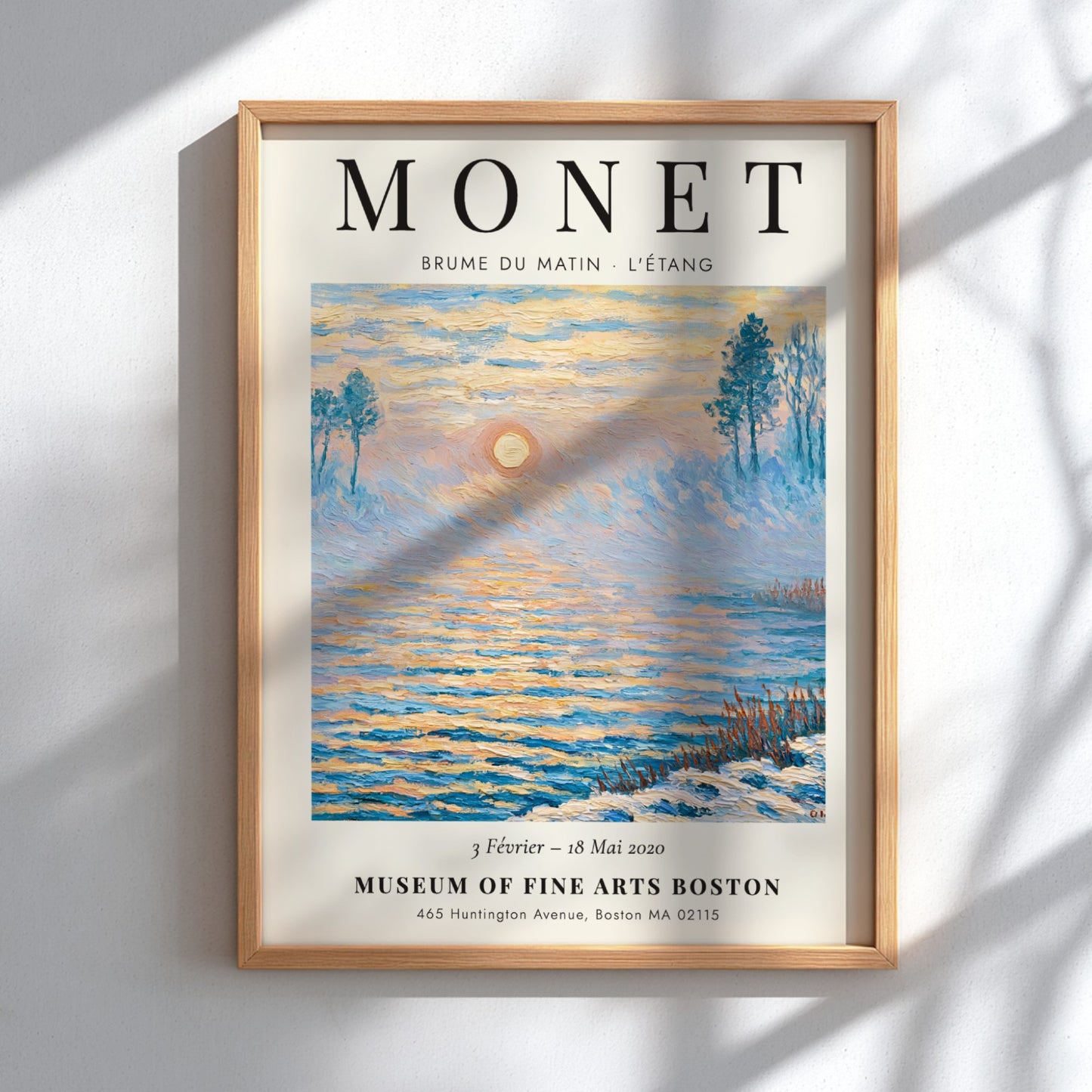 Monet inspired poster featuring a tranquil morning scene with soft blue and gold hues, perfect for home decor.