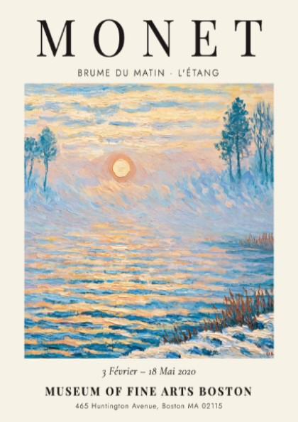 Monet inspired poster featuring a tranquil morning scene with soft blue and gold hues, perfect for home decor.