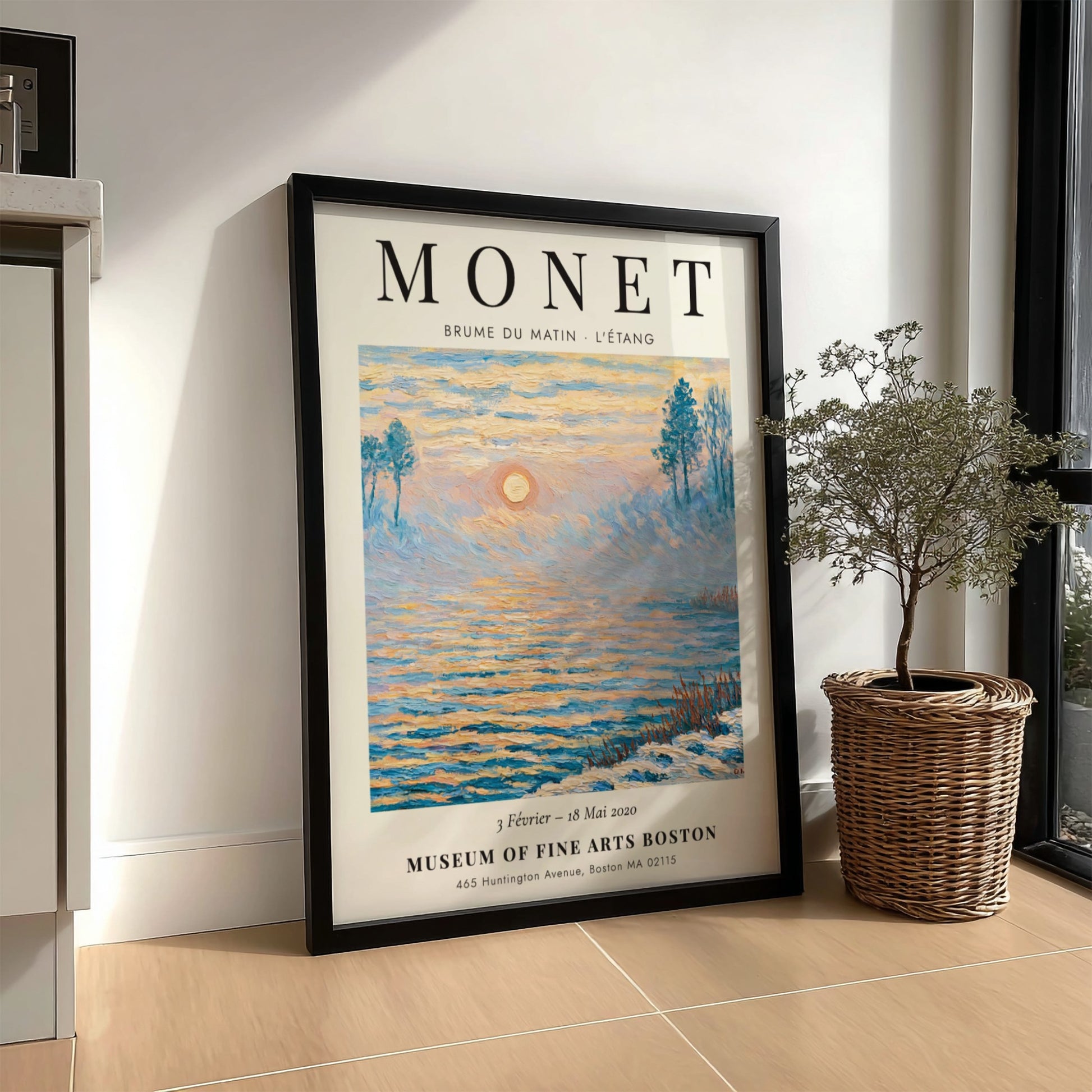 Monet inspired poster featuring a tranquil morning scene with soft blue and gold hues, perfect for home decor.