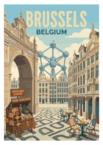Brussels Atomium travel poster with retro style, featuring the Atomium and a waffle cart.