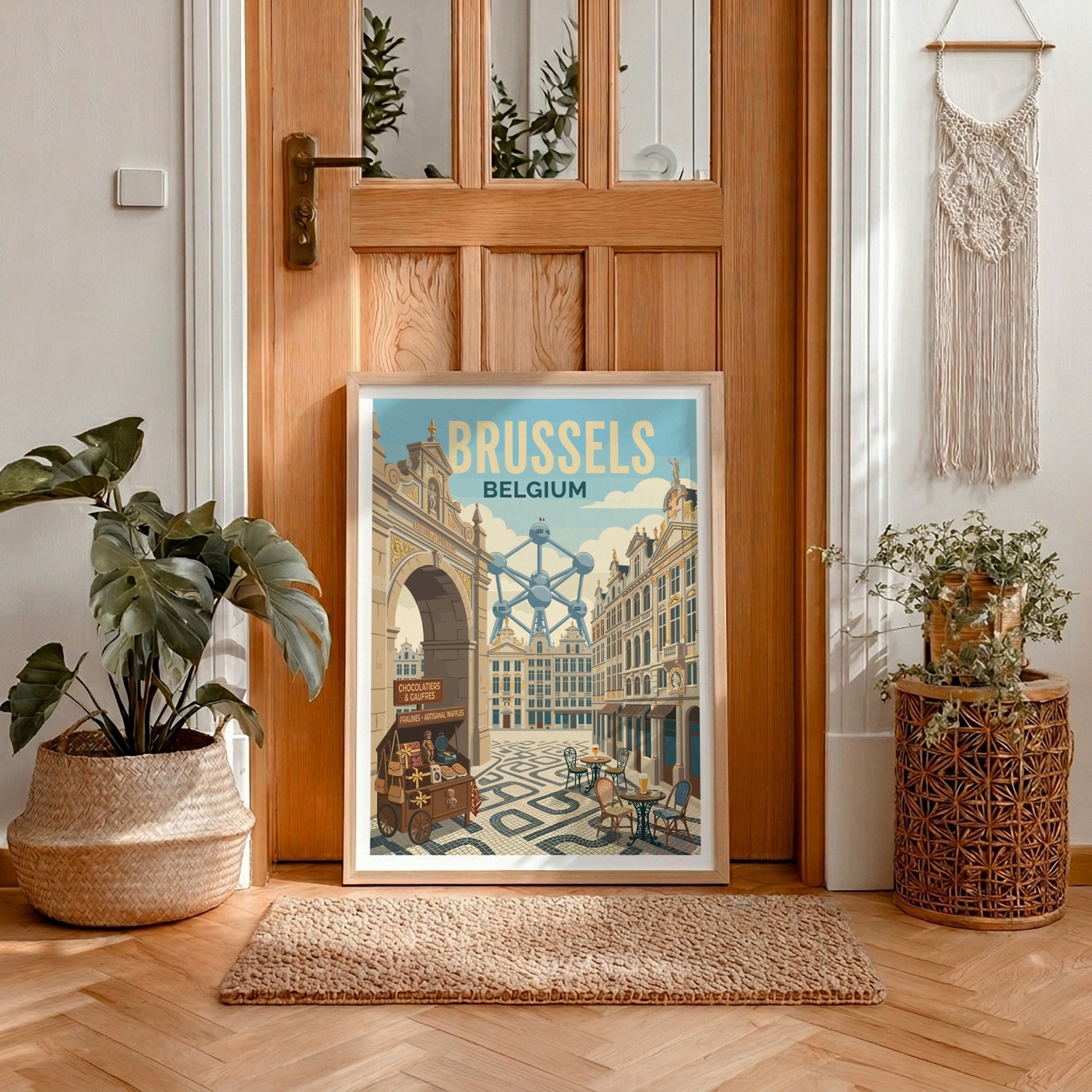 Brussels Atomium travel poster with retro style, featuring the Atomium and a waffle cart.