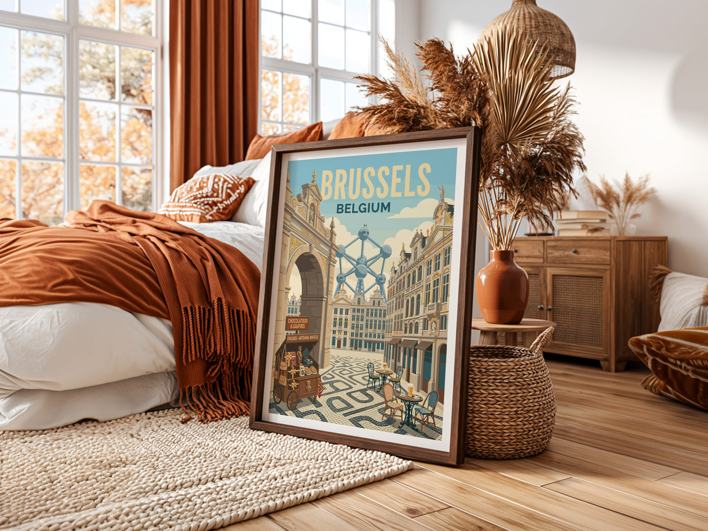 Brussels Atomium travel poster with retro style, featuring the Atomium and a waffle cart.