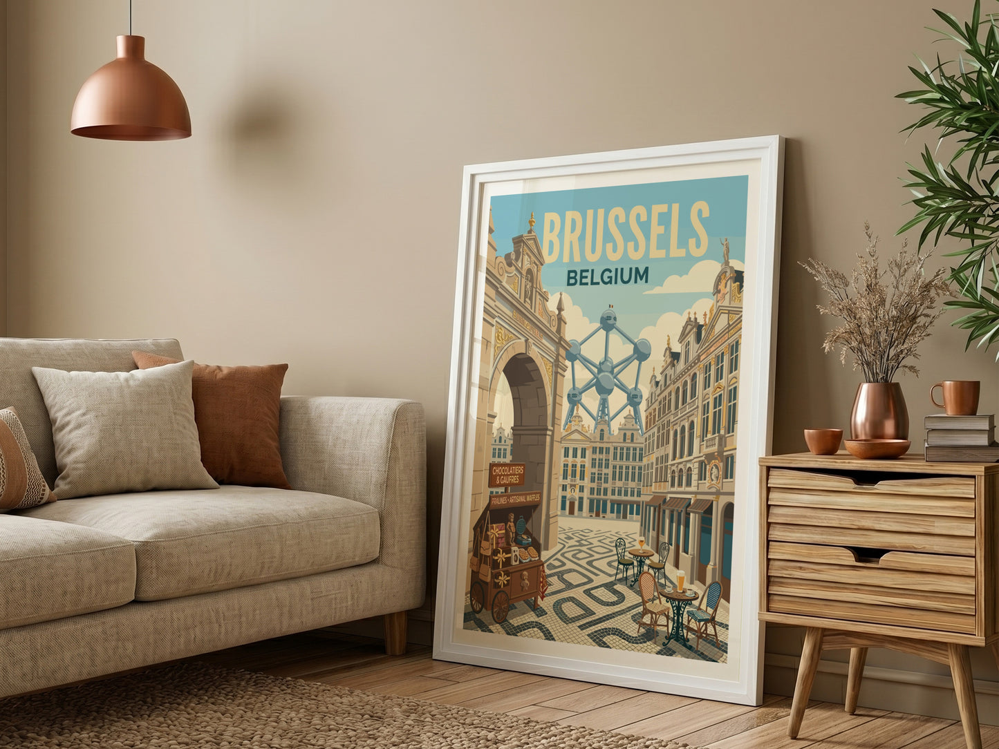 Brussels Atomium travel poster with retro style, featuring the Atomium and a waffle cart.
