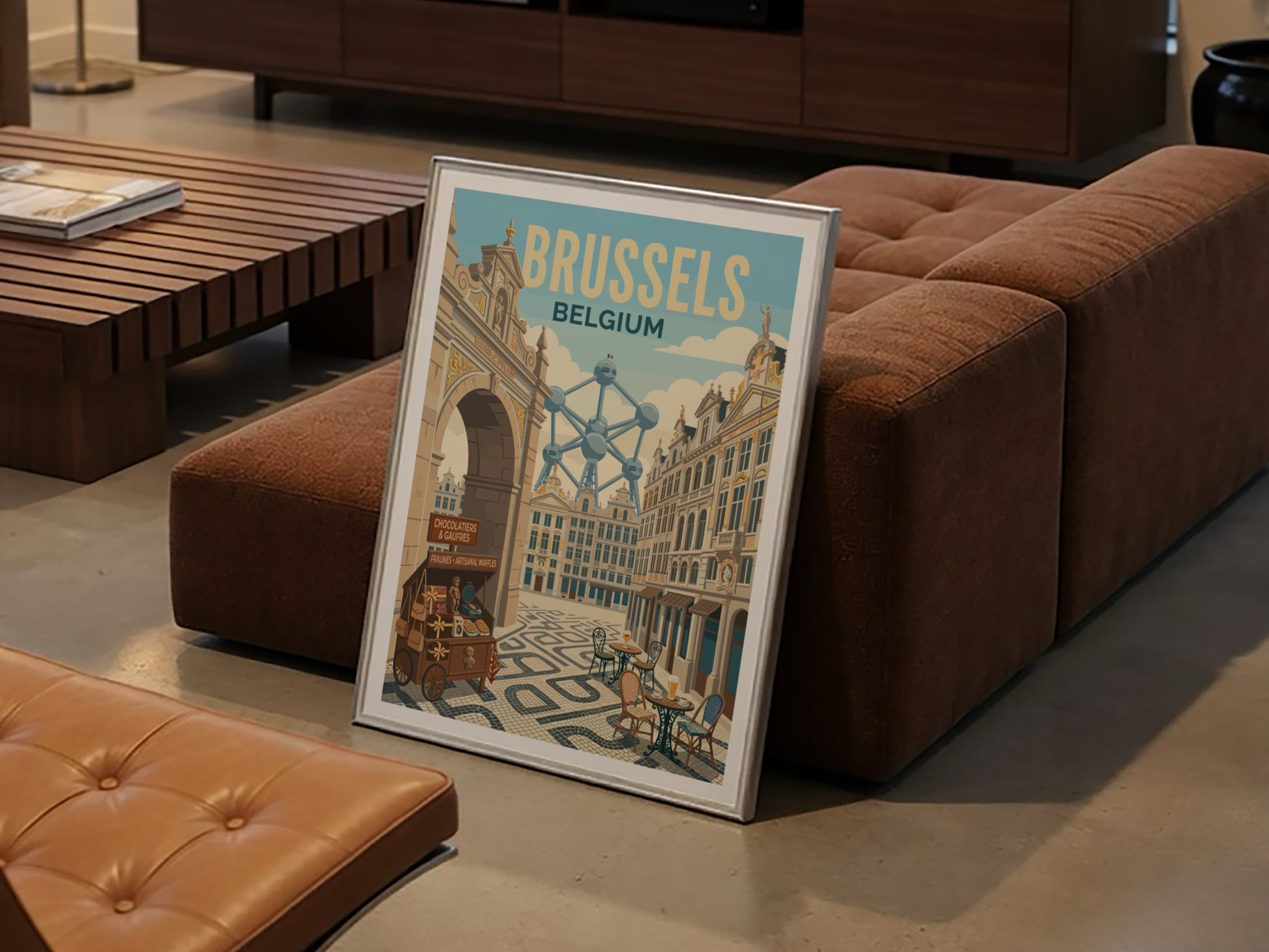 Brussels Atomium travel poster with retro style, featuring the Atomium and a waffle cart.