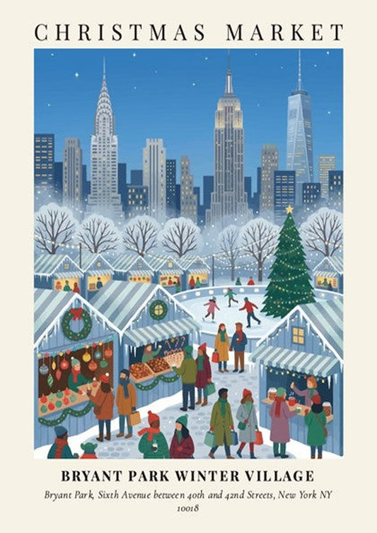 Poster of Bryant Park Winter Village with city skyscrapers under a blue snowy sky