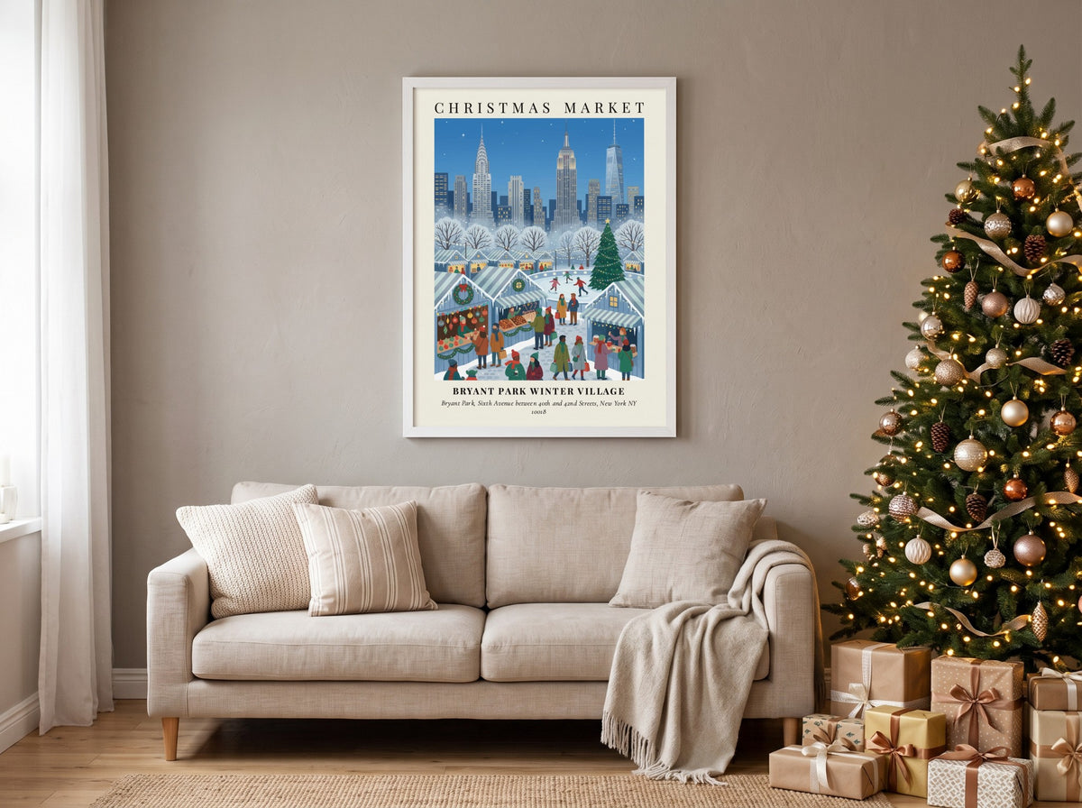 Poster of Bryant Park Winter Village with city skyscrapers under a blue snowy sky