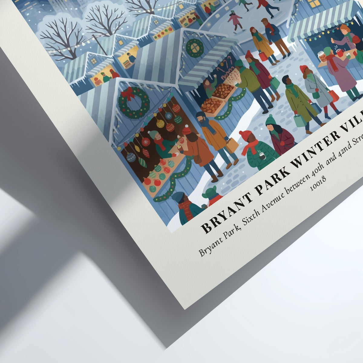 Poster of Bryant Park Winter Village with city skyscrapers under a blue snowy sky