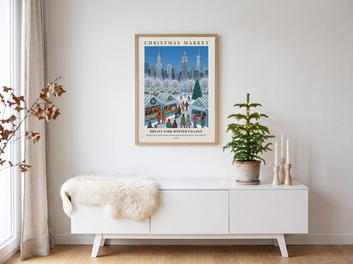 Poster of Bryant Park Winter Village with city skyscrapers under a blue snowy sky
