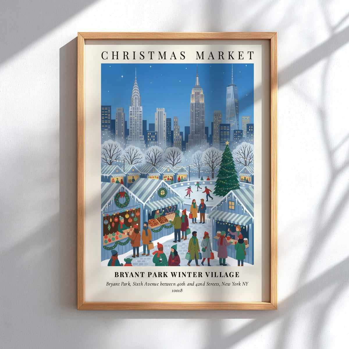 Poster of Bryant Park Winter Village with city skyscrapers under a blue snowy sky