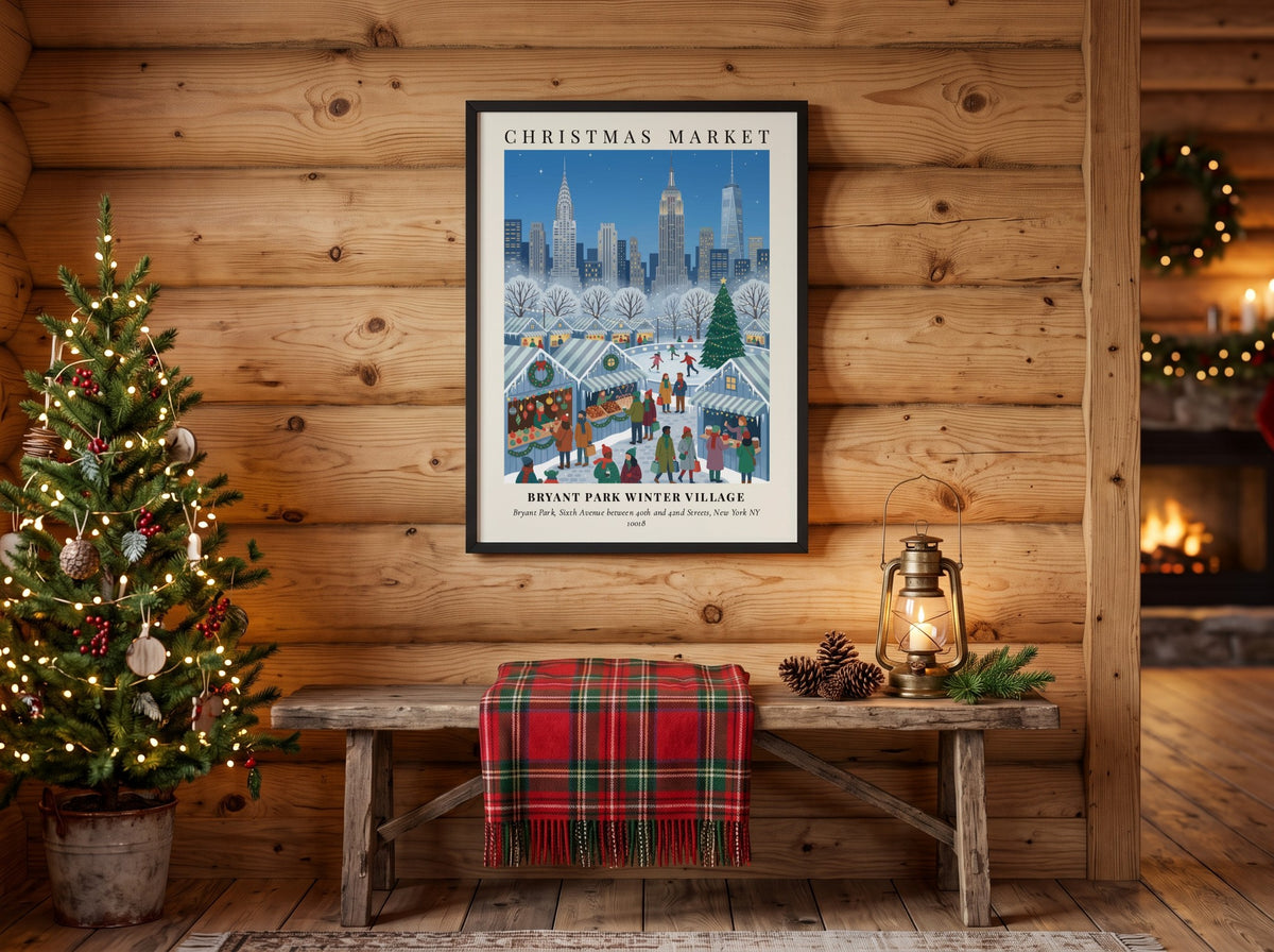 Poster of Bryant Park Winter Village with city skyscrapers under a blue snowy sky