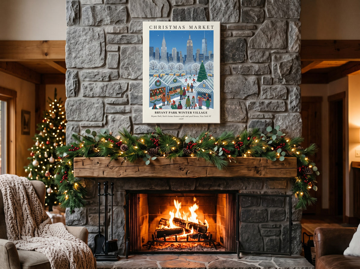 Poster of Bryant Park Winter Village with city skyscrapers under a blue snowy sky