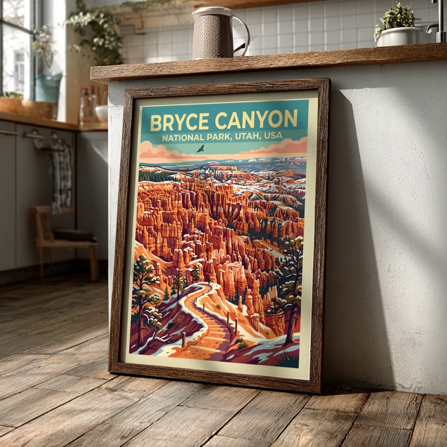Travel poster of Bryce Canyon National Park showing orange rock formations and snow.