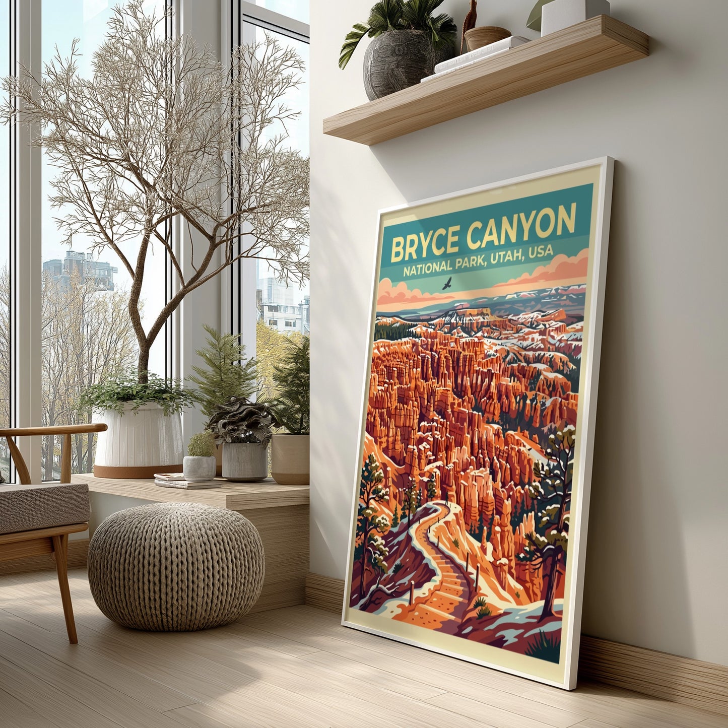 Travel poster of Bryce Canyon National Park showing orange rock formations and snow.