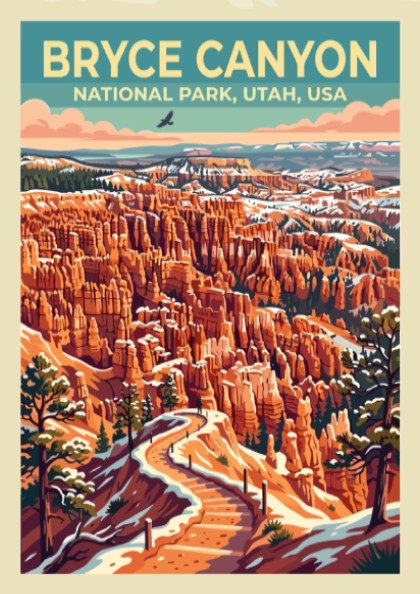 Travel poster of Bryce Canyon National Park showing orange rock formations and snow.