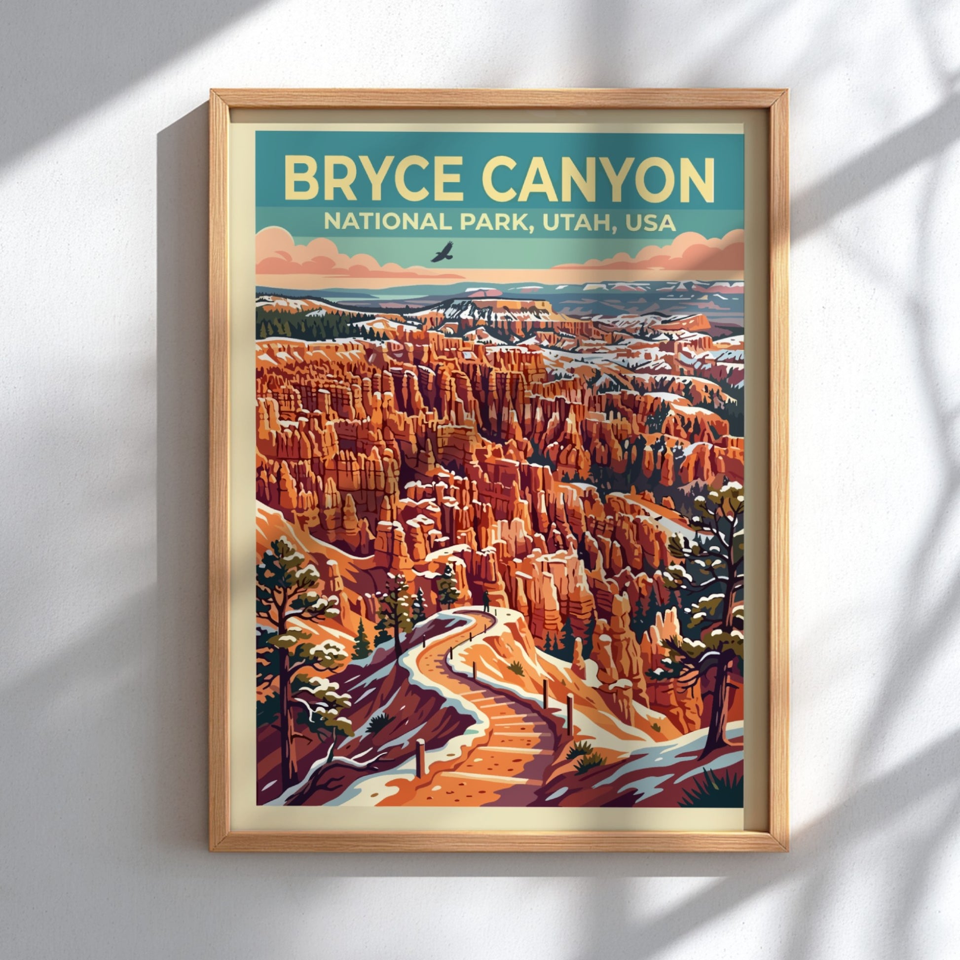 Travel poster of Bryce Canyon National Park showing orange rock formations and snow.