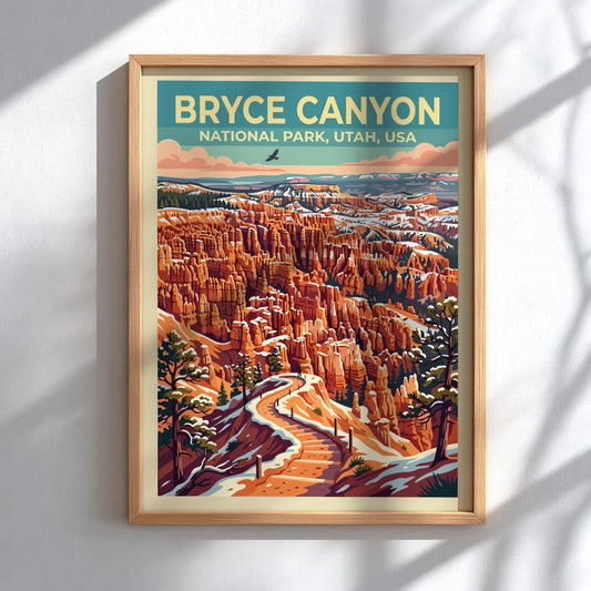 Travel poster of Bryce Canyon National Park showing orange rock formations and snow.