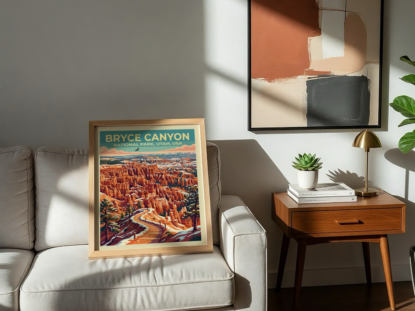 Travel poster of Bryce Canyon National Park showing orange rock formations and snow.