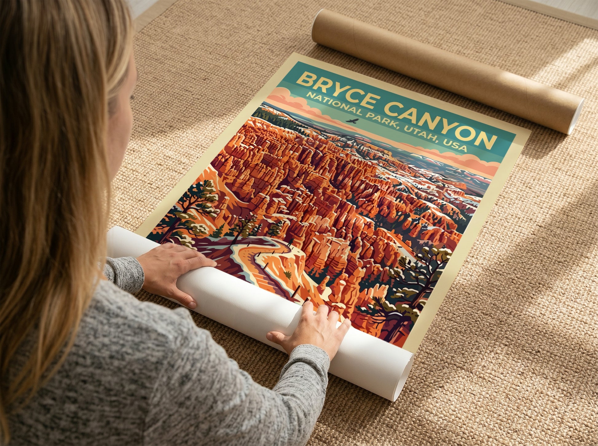Travel poster of Bryce Canyon National Park showing orange rock formations and snow.
