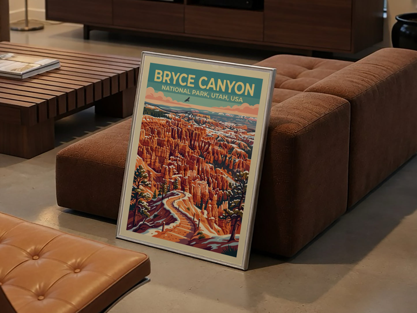 Travel poster of Bryce Canyon National Park showing orange rock formations and snow.
