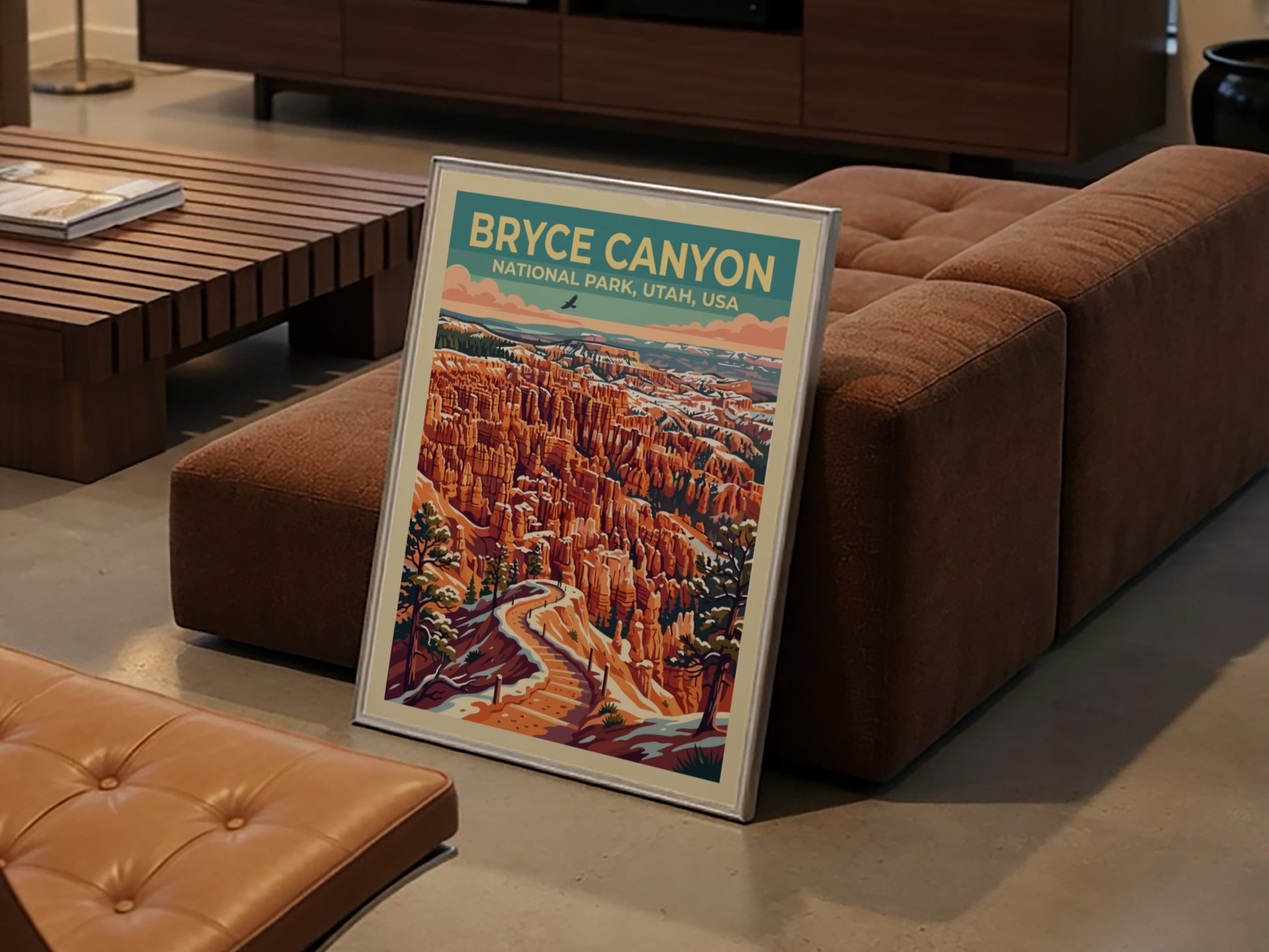 Travel poster of Bryce Canyon National Park showing orange rock formations and snow.