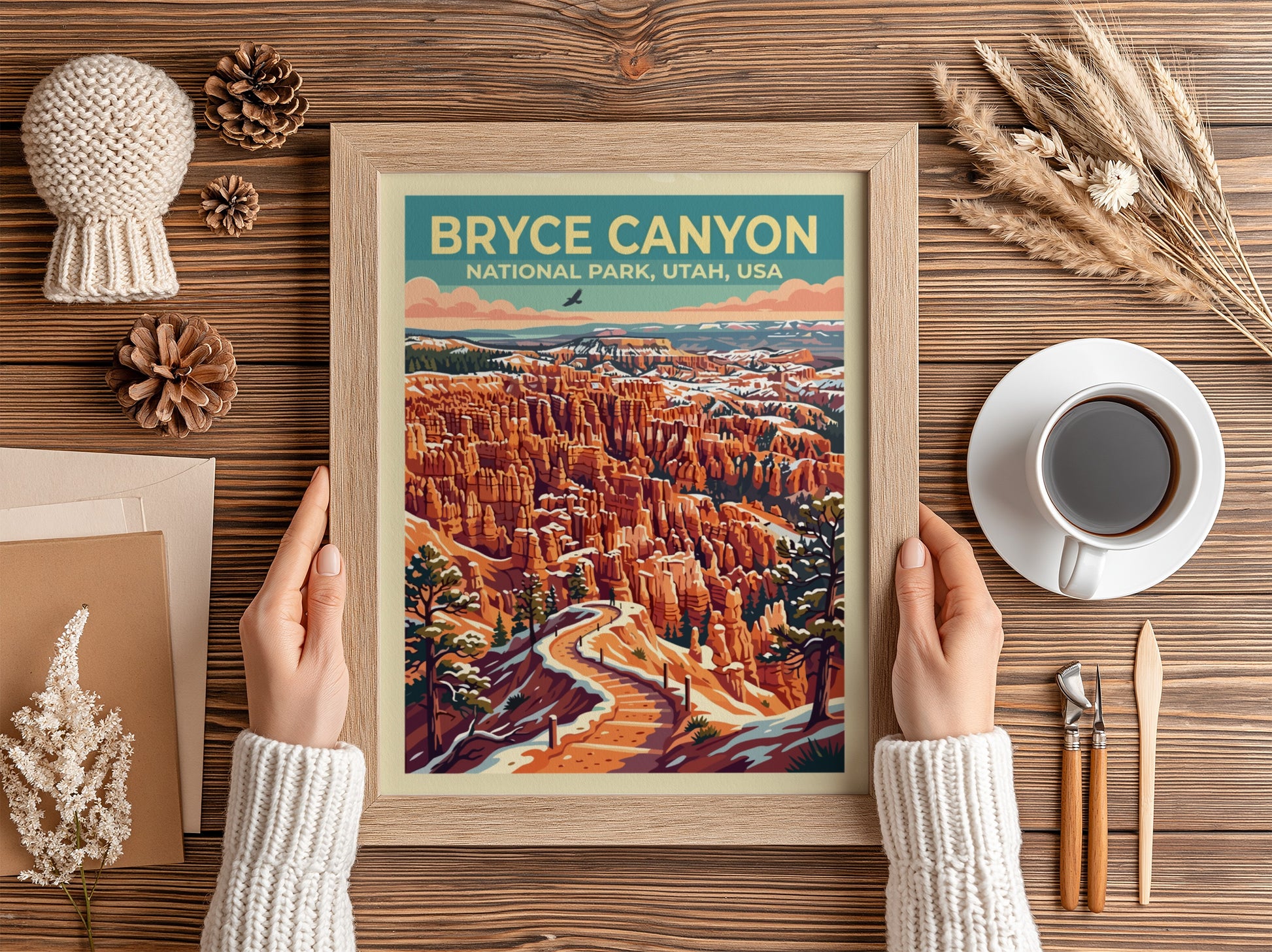 Travel poster of Bryce Canyon National Park showing orange rock formations and snow.