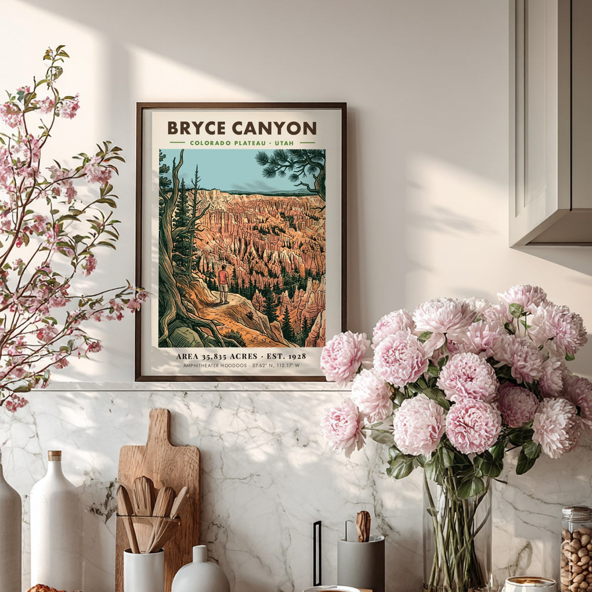 Poster of Bryce Canyon in Utah featuring a hiker overlooking the colorful hoodoos