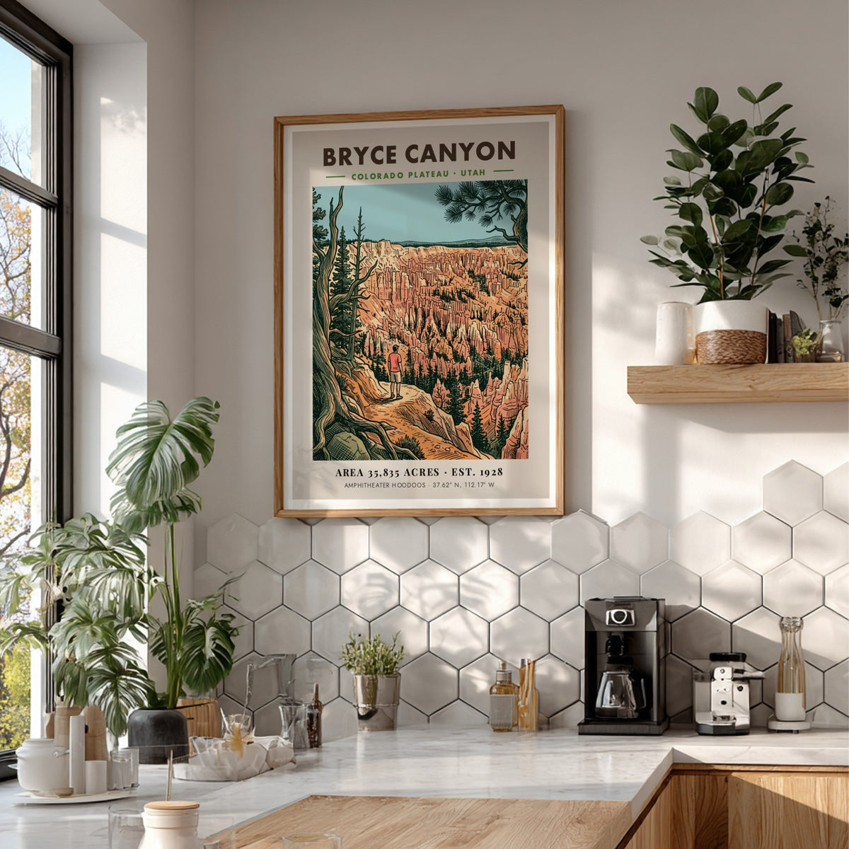 Poster of Bryce Canyon in Utah featuring a hiker overlooking the colorful hoodoos