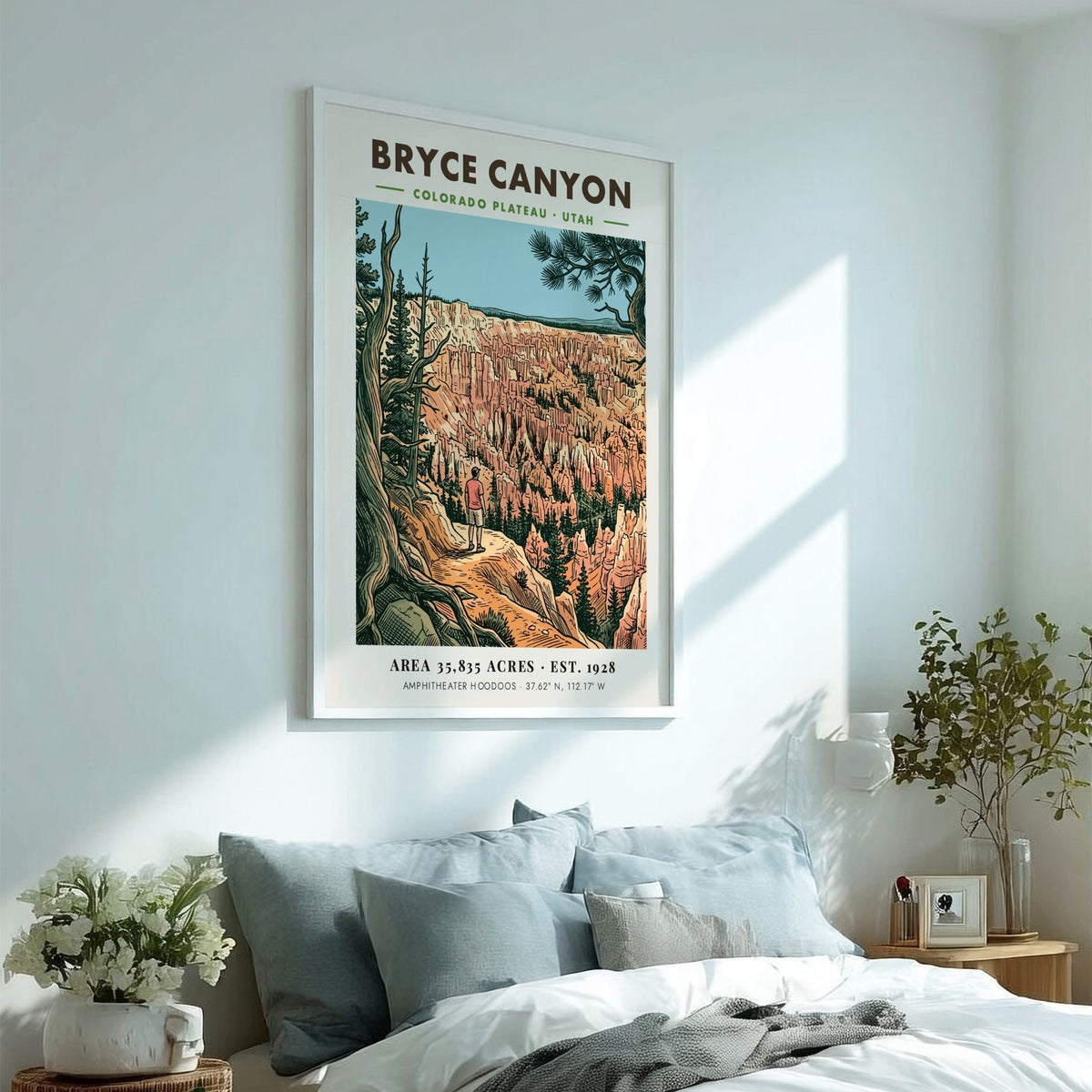 Poster of Bryce Canyon in Utah featuring a hiker overlooking the colorful hoodoos