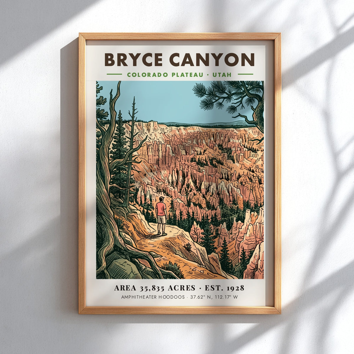 Poster of Bryce Canyon in Utah featuring a hiker overlooking the colorful hoodoos