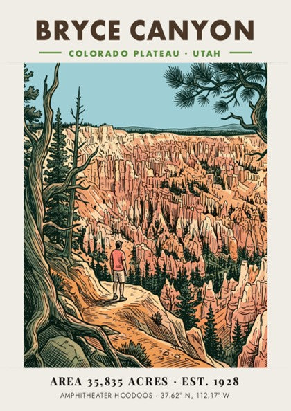 Poster of Bryce Canyon in Utah featuring a hiker overlooking the colorful hoodoos