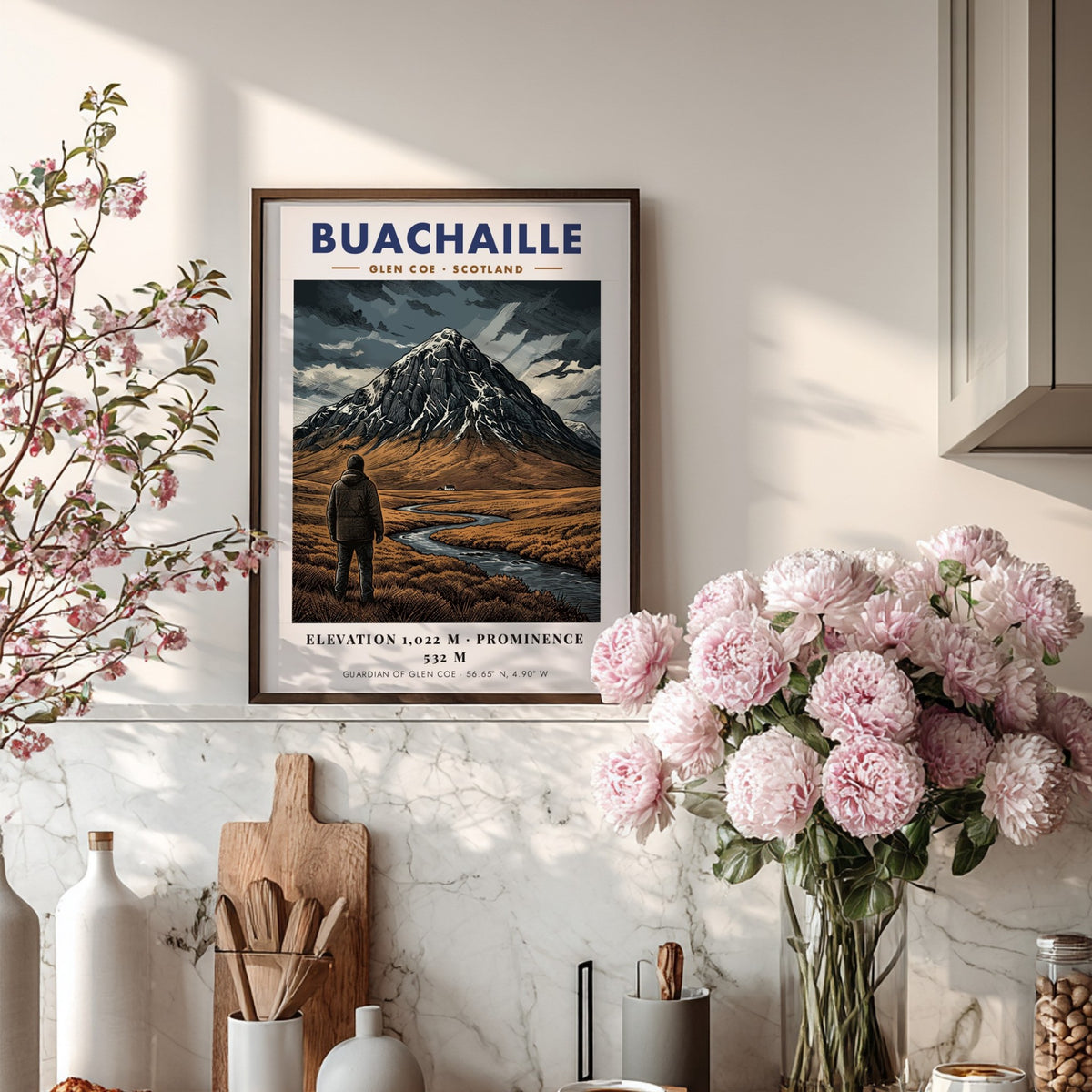 Poster of Buachaille mountain in Glen Coe Scotland featuring earthy tones and streams.