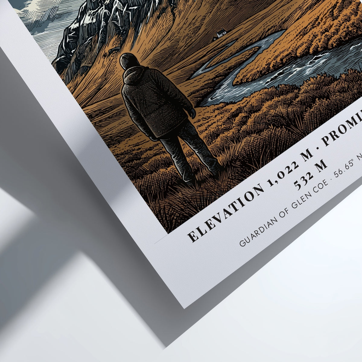 Poster of Buachaille mountain in Glen Coe Scotland featuring earthy tones and streams.