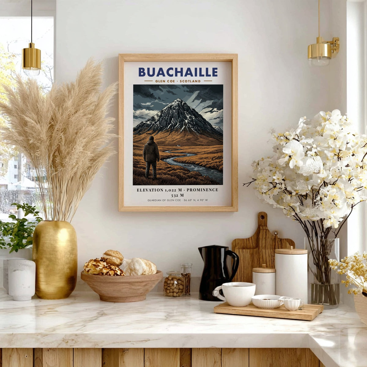 Poster of Buachaille mountain in Glen Coe Scotland featuring earthy tones and streams.