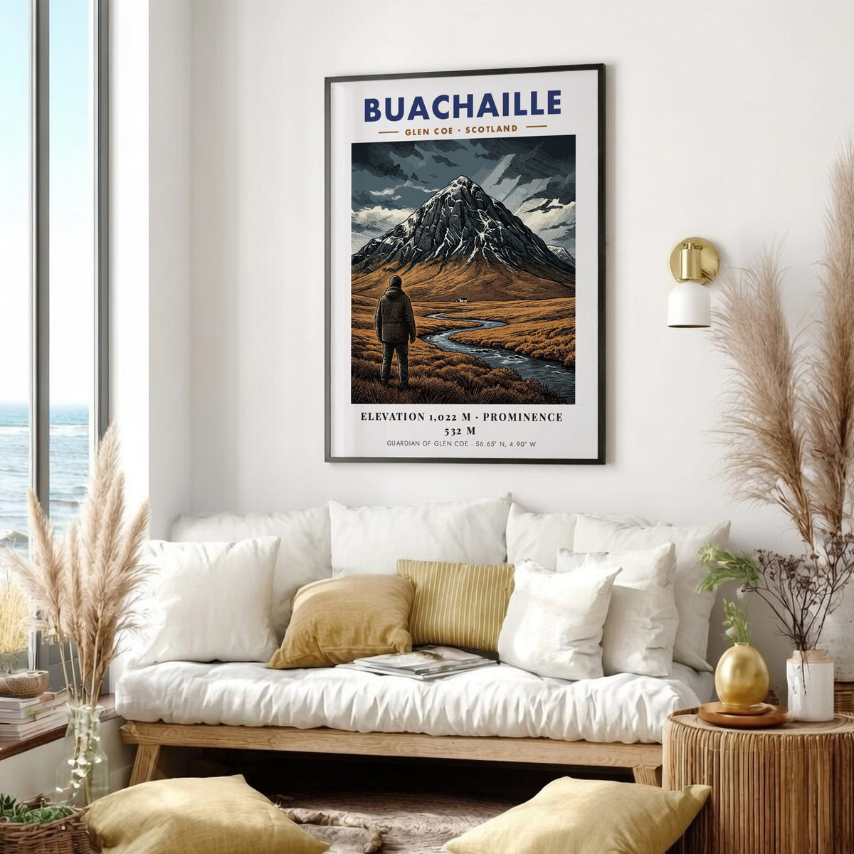 Poster of Buachaille mountain in Glen Coe Scotland featuring earthy tones and streams.