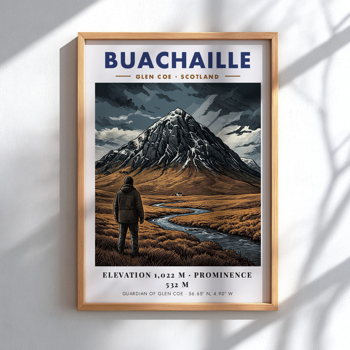 Poster of Buachaille mountain in Glen Coe Scotland featuring earthy tones and streams.