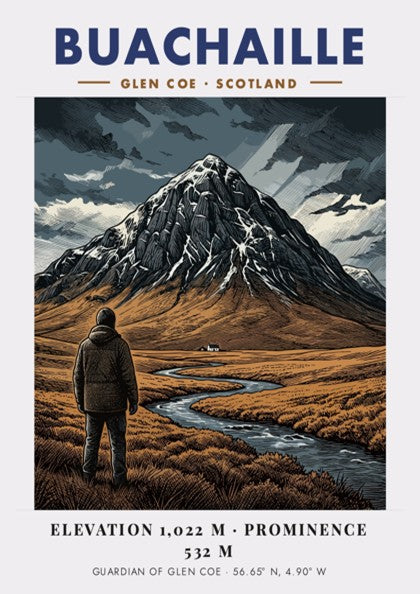 Poster of Buachaille mountain in Glen Coe Scotland featuring earthy tones and streams.