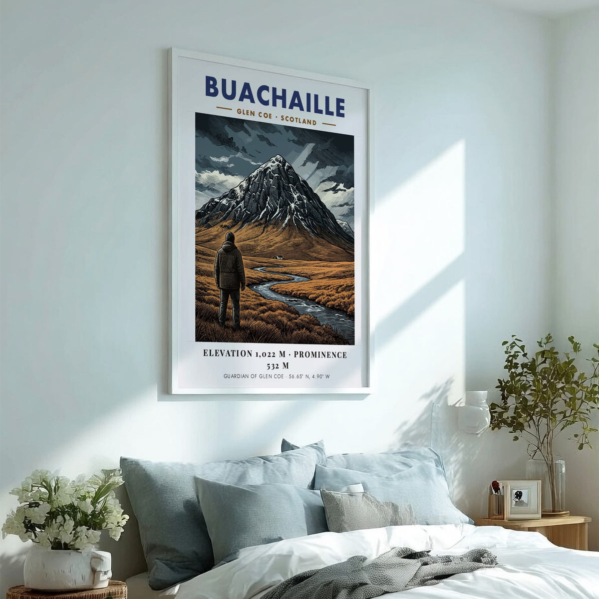 Poster of Buachaille mountain in Glen Coe Scotland featuring earthy tones and streams.